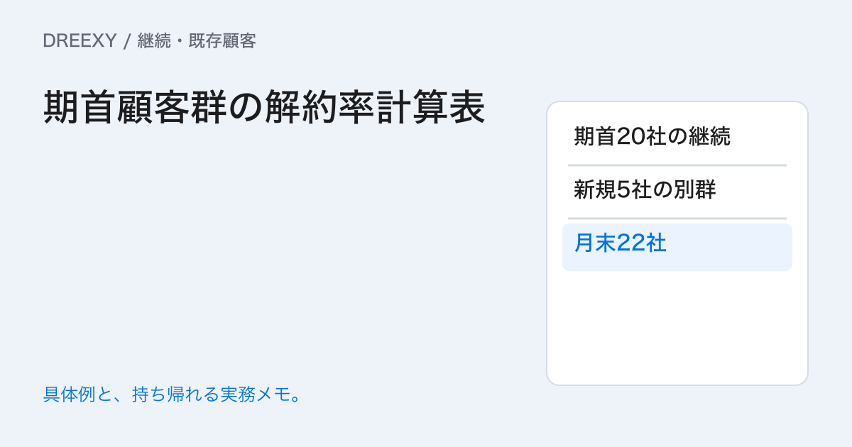 既存顧客の解約率は何を数える?期首顧客と新規顧客を分ける計算の実務ガイド。期首顧客群の解約率計算表:記入メモ
