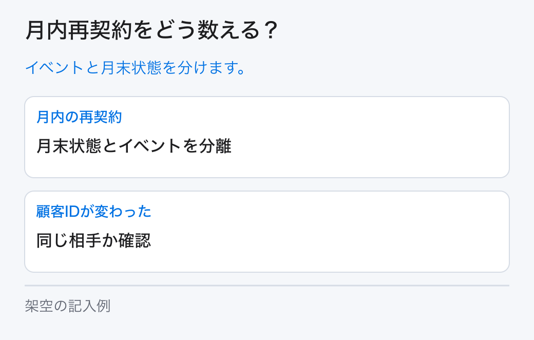 月内再契約をどう数える?。イベントと月末状態を分けます。