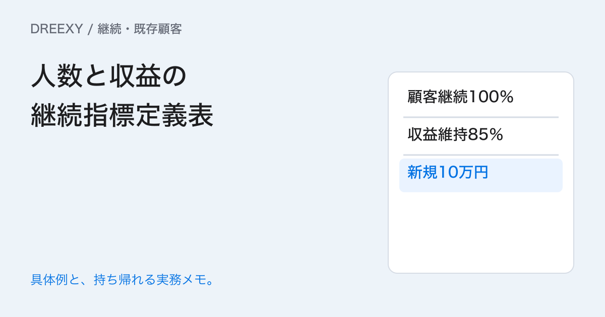顧客数は維持できても売上が減る？継続指標の定義をそろえる表の実務ガイド。人数と収益の継続指標定義表：記入メモ