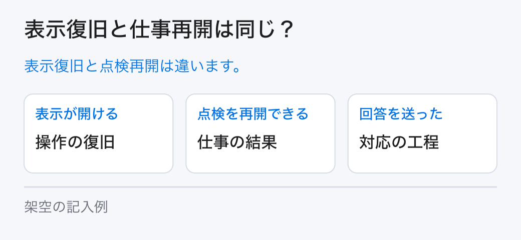 表示復旧と仕事再開は同じ？。表示復旧と点検再開は違います。