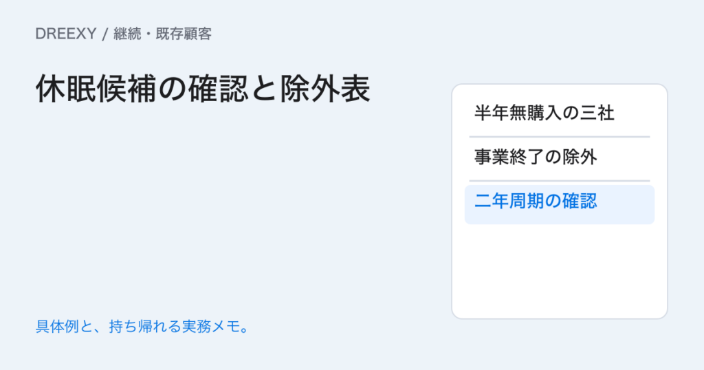 休眠顧客をすべて再提案の対象にする？停止理由と確認可否の整理の実務ガイド。休眠候補の確認と除外表：記入メモ