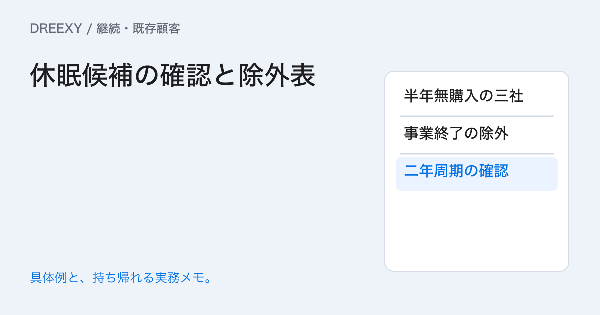 休眠顧客をすべて再提案の対象にする？停止理由と確認可否の整理の実務ガイド。休眠候補の確認と除外表：記入メモ