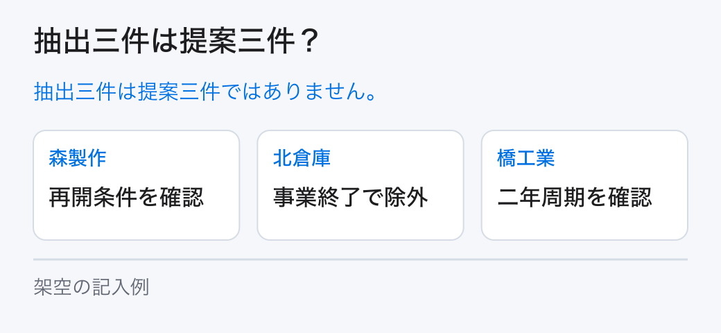 抽出三件は提案三件？。抽出三件は提案三件ではありません。