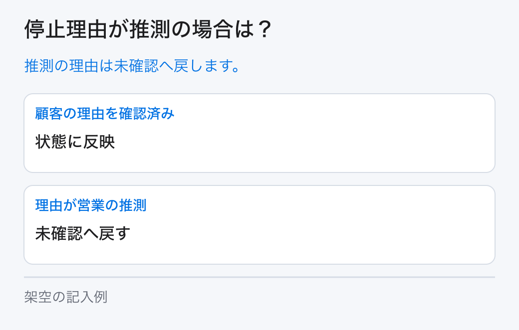 停止理由が推測の場合は？。推測の理由は未確認へ戻します。