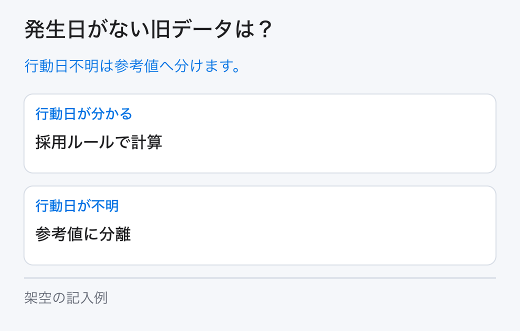 発生日がない旧データは?。行動日不明は参考値へ分けます。
