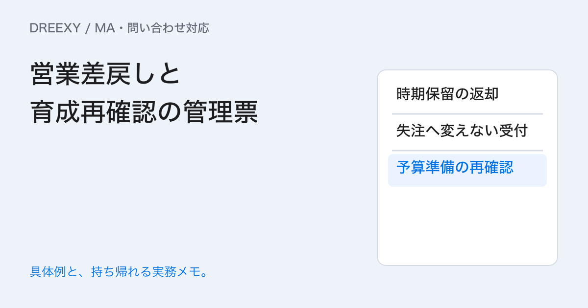 営業が受け取れないリードはどこへ戻す?再確認条件の記録の実務ガイド。営業差戻しと育成再確認の管理票:記入メモ