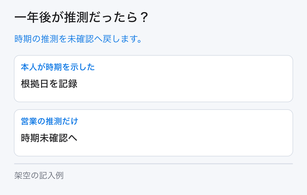 一年後が推測だったら?。時期の推測を未確認へ戻します。