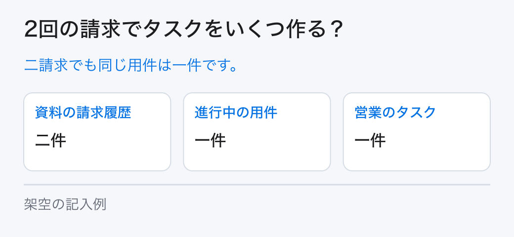 2回の請求でタスクをいくつ作る？。二請求でも同じ用件は一件です。