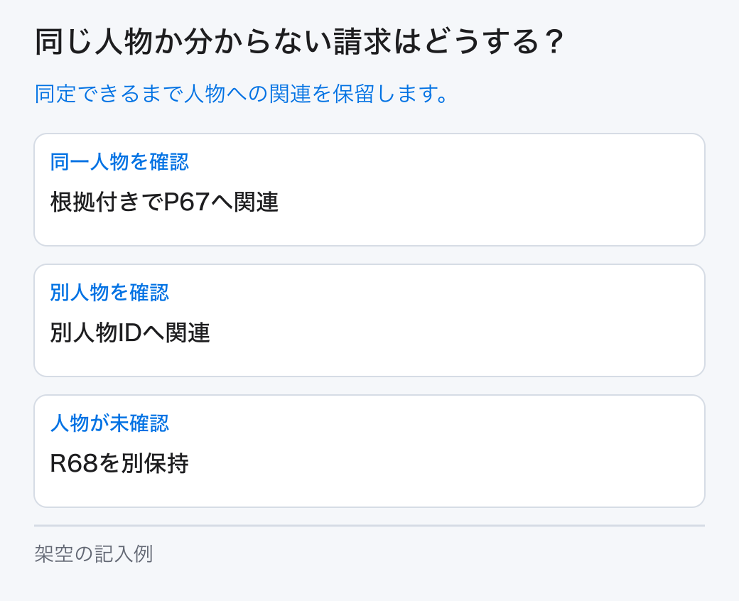同じ人物か分からない請求はどうする？。同定できるまで人物への関連を保留します。