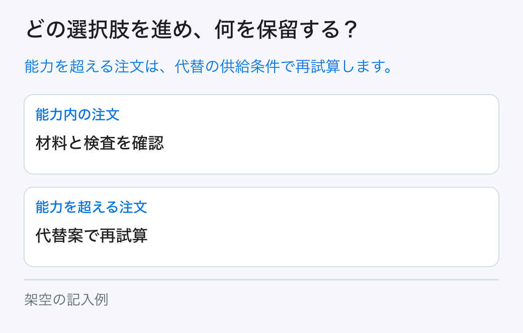 供給制約の選択と保留。選択肢は「能力内の注文:材料と検査を確認」と「能力を超える注文:代替案で再試算」です。未確認の条件は担当へ戻します。