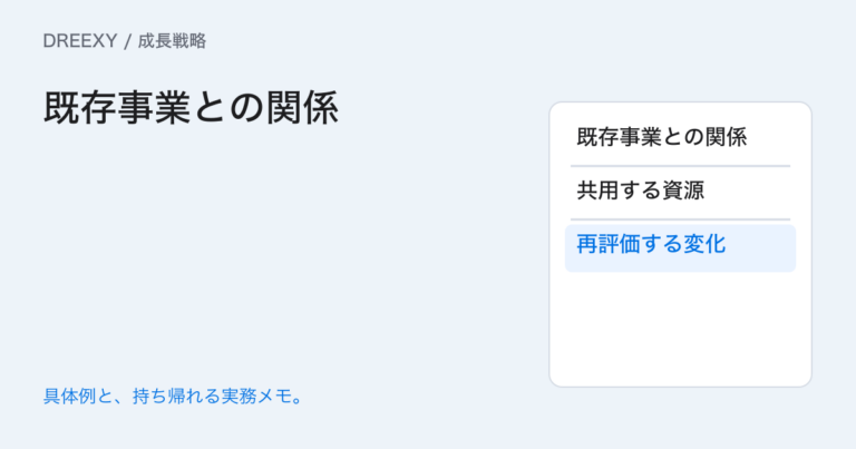 新規事業が既存の仕事を止めない?人と設備の分担を決める表の実務ガイド。既存事業との関係:経営者と担当へ渡す記入メモ