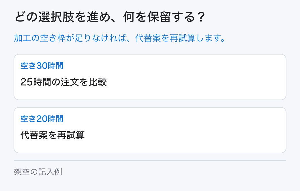 限界利益の判断の選択と保留。選択肢は「空き30時間:25時間の注文を比較」と「空き20時間:代替案を再試算」です。未確認の条件は担当へ戻します。