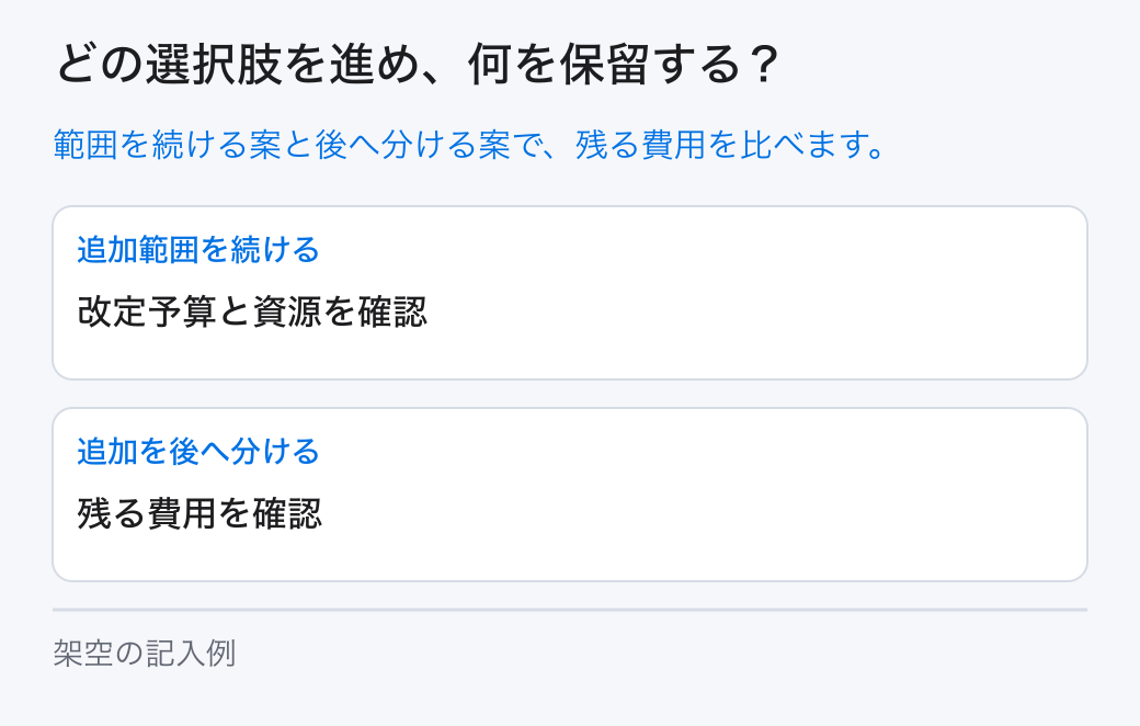 DX予算の差異の選択と保留。選択肢は「追加範囲を続ける：改定予算と資源を確認」と「追加を後へ分ける：残る費用を確認」です。未確認の条件は担当へ戻します。