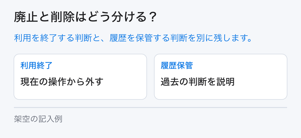 廃止と削除はどう分ける? 利用を終了する判断と、履歴を保管する判断を別に残します。