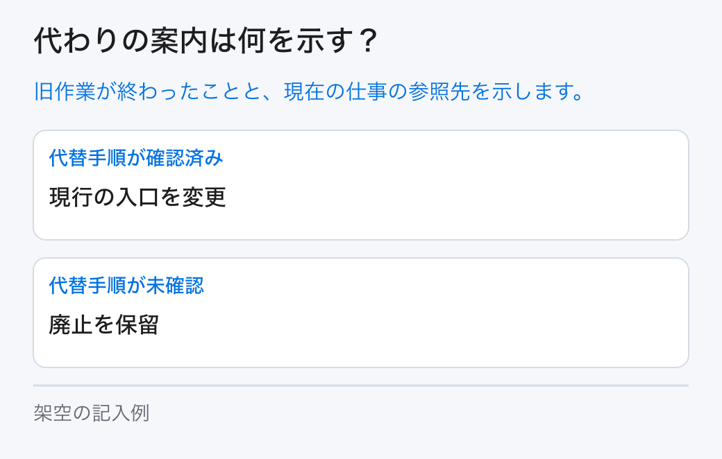 代わりの案内は何を示す? 旧作業が終わったことと、現在の仕事の参照先を示します。