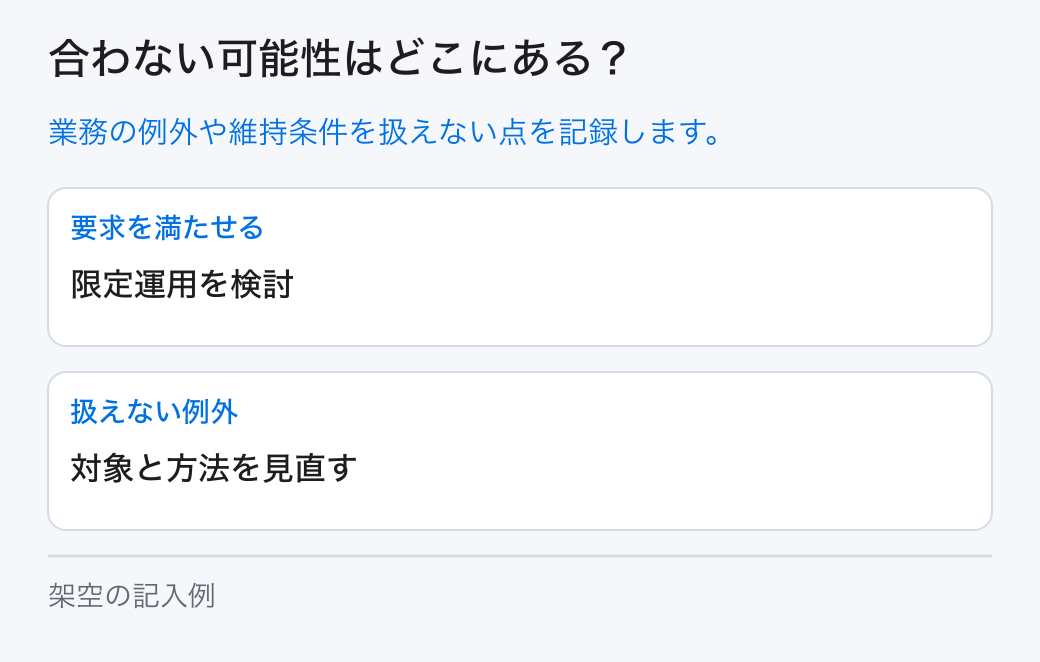 合わない可能性はどこにある? 業務の例外や維持条件を扱えない点を記録します。