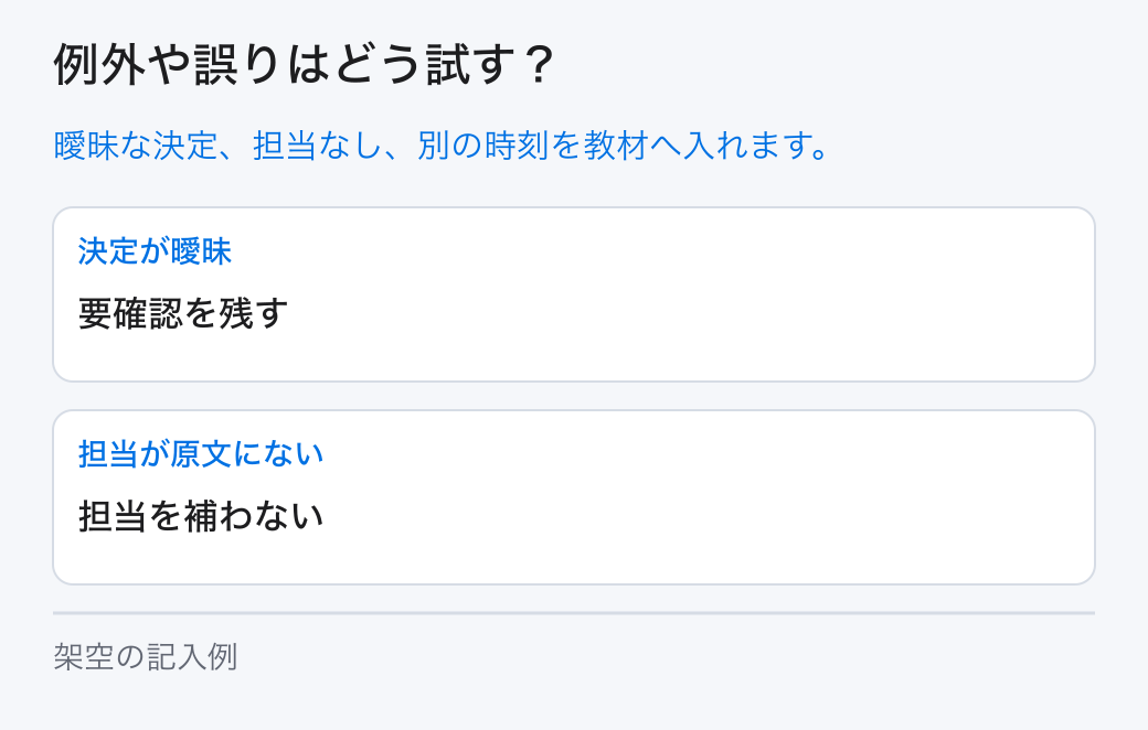 例外や誤りはどう試す？ 曖昧な決定、担当なし、別の時刻を教材へ入れます。