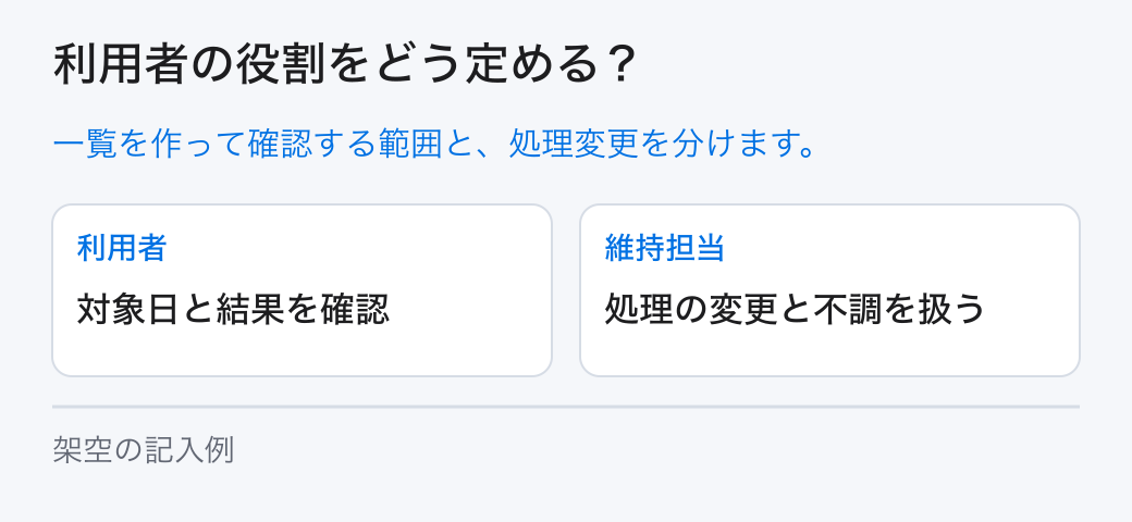 利用者の役割をどう定める？ 一覧を作って確認する範囲と、処理変更を分けます。