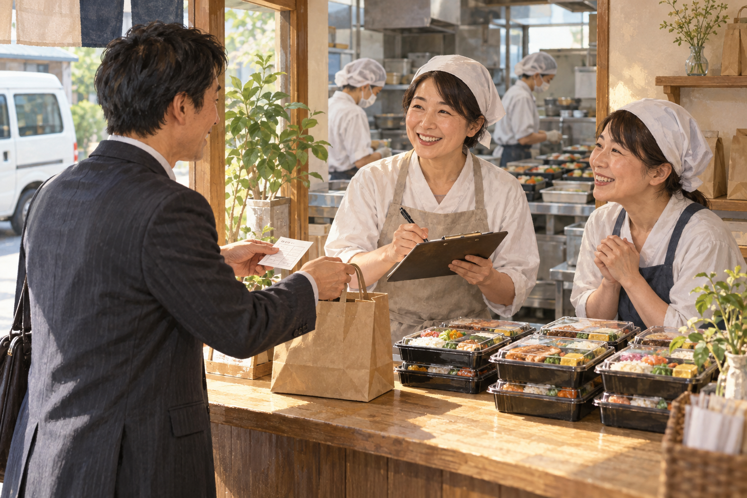 弁当を受け取る客の感想とは別に、店主が継続注文の用紙を確認する場面