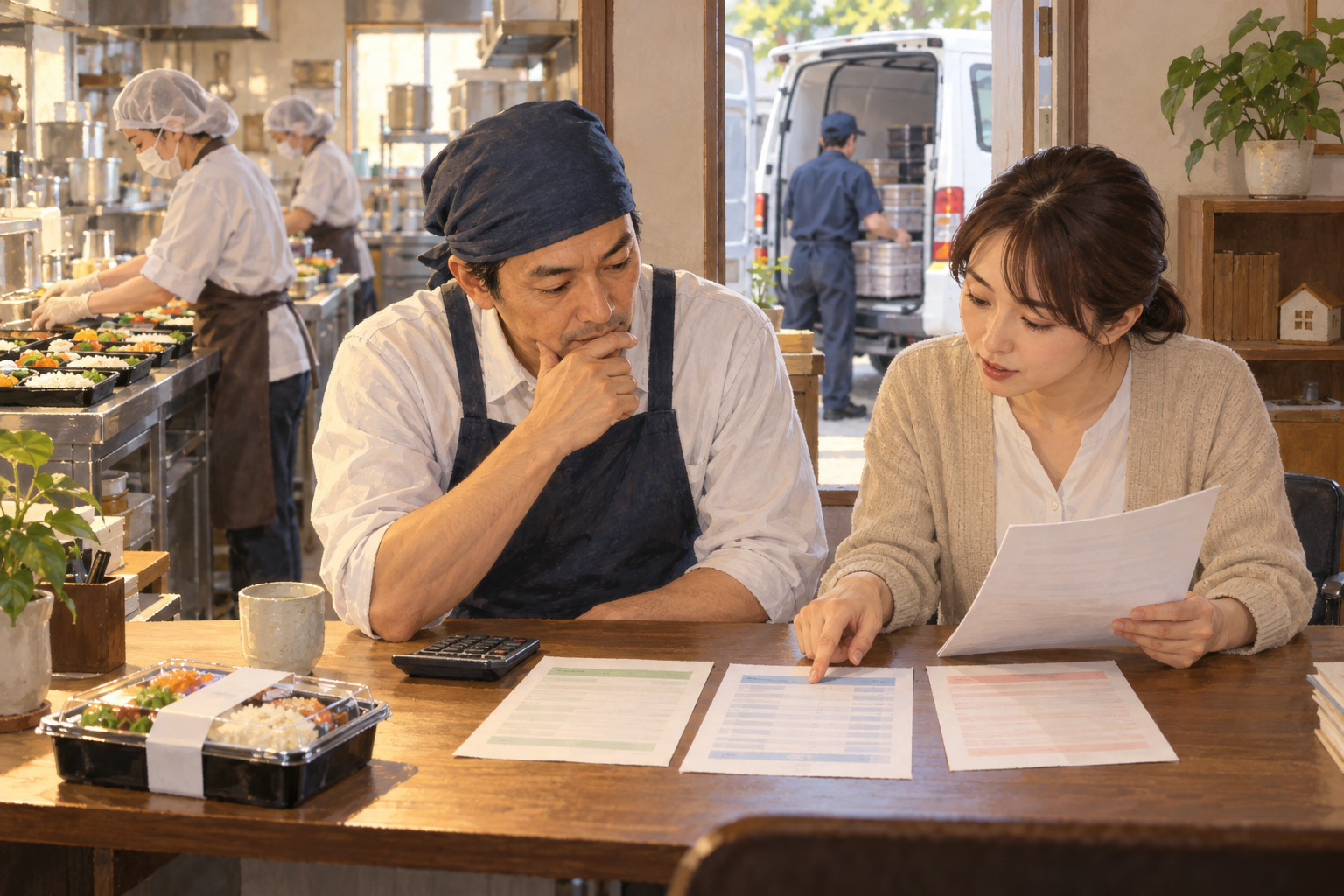 店主と経理担当が三つの拡大案の予算資料と二便目の見積書を比較する場面