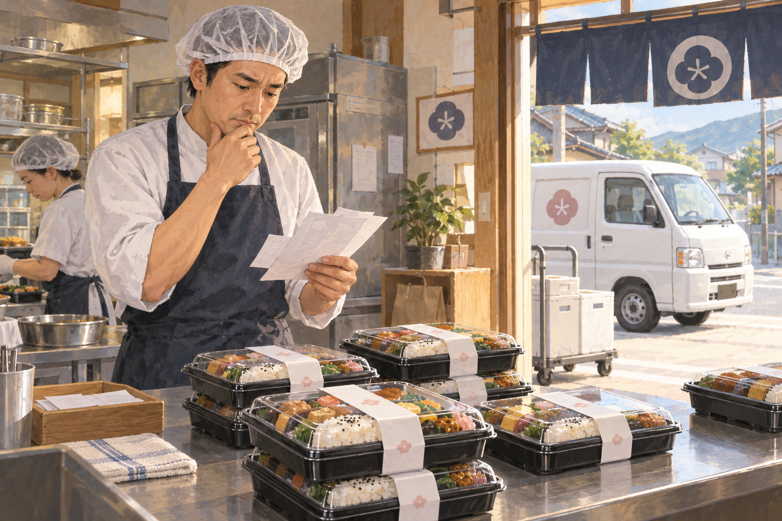 追加の配送車を出した日に注文記録と残った弁当を見比べる店主の場面
