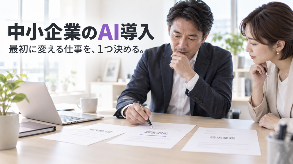 机の上の仕事の資料を選ぶ経営者と担当者のイメージ。見出しは「中小企業のAI導入」。