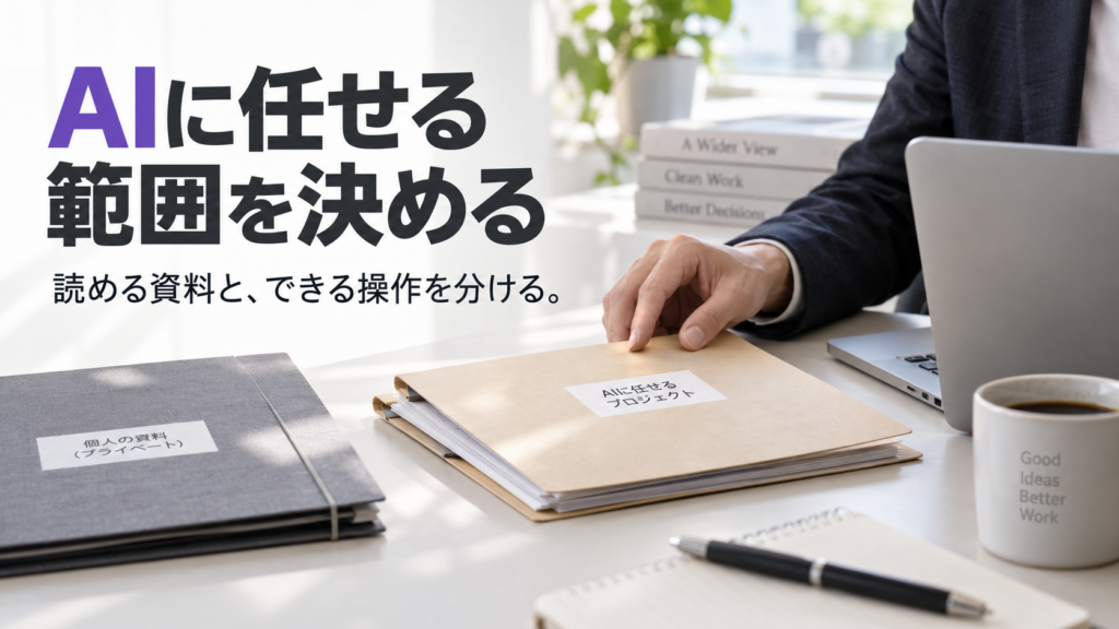 業務担当者が仕事の資料を選ぶイメージ。見出しは「AIに任せる範囲を決める」。