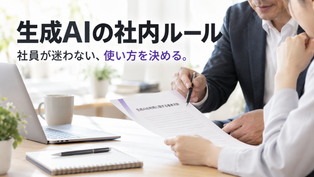経営者と社員が利用ルールの資料を確認するイメージ。見出しは「生成AIの社内ルール」。
