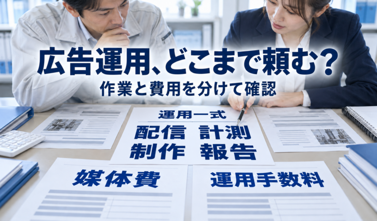 広告運用の見積書を見ながら、依頼する作業と媒体費・運用手数料を分けて確かめる場面