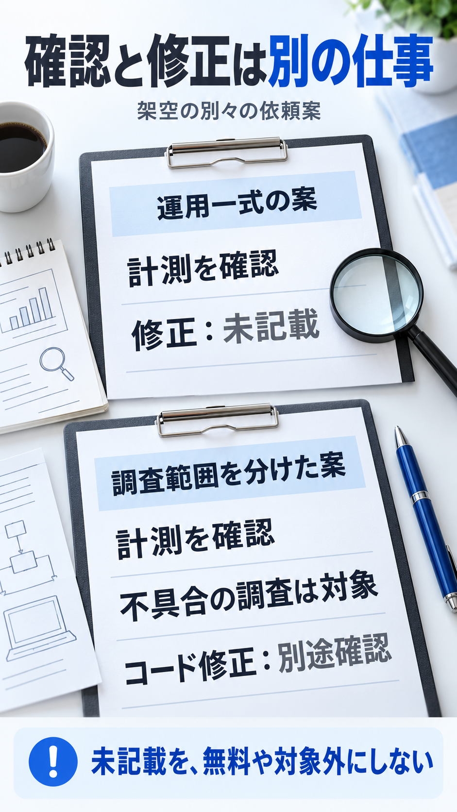 広告運用の二つの架空依頼案で、計測確認と修正の範囲を分けて比べる図