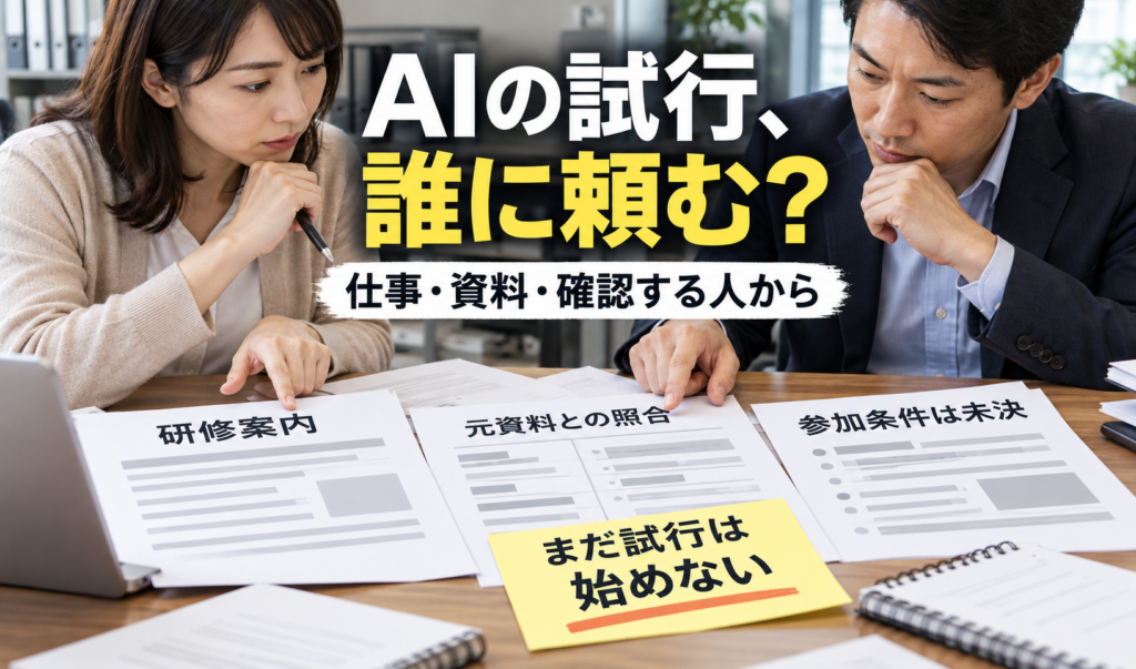 研修案内の元資料と下書きを人が照合する仕事から、AI試行の候補者と参加条件を考える架空の場面。