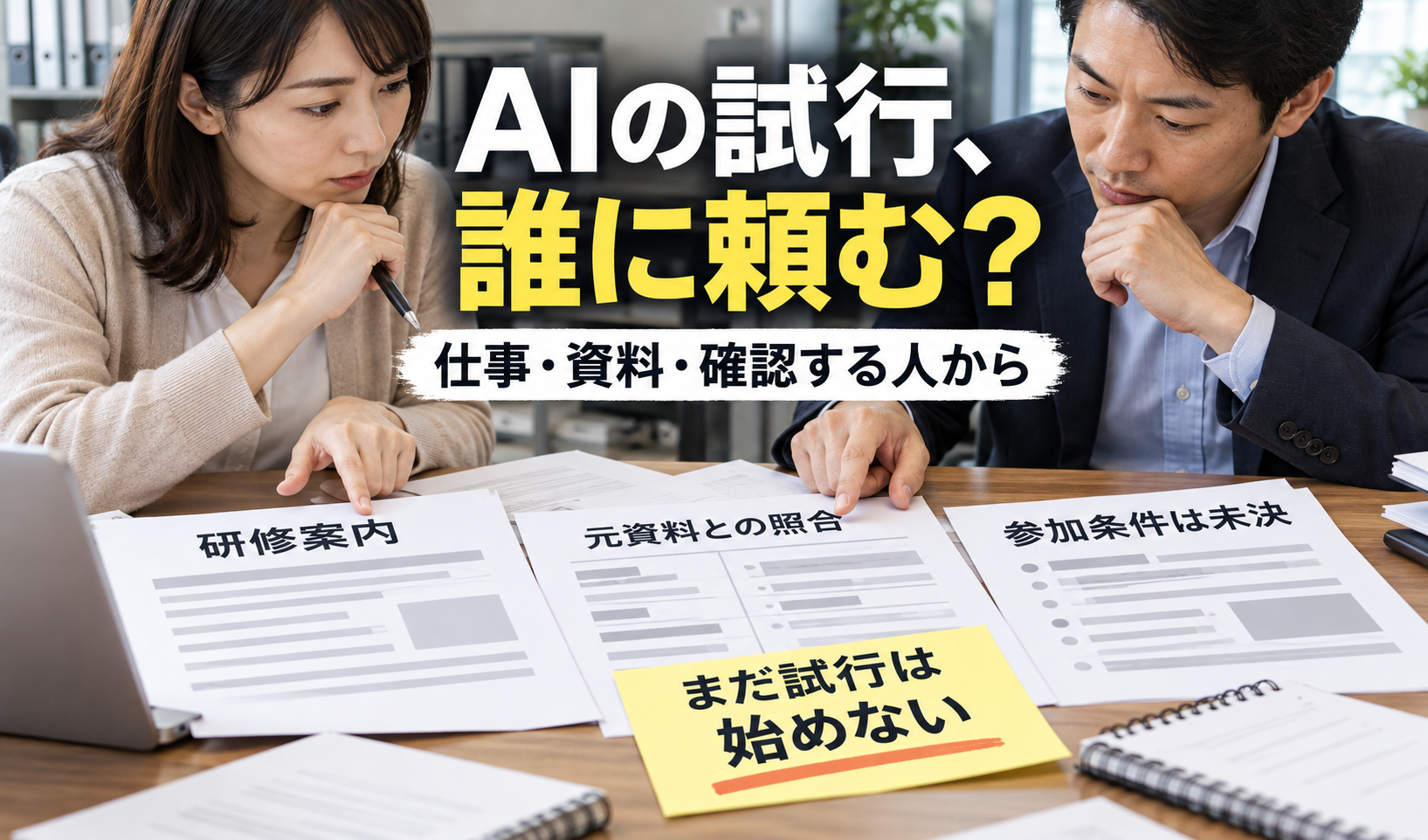 研修案内の元資料と下書きを人が照合する仕事から、AI試行の候補者と参加条件を考える架空の場面。