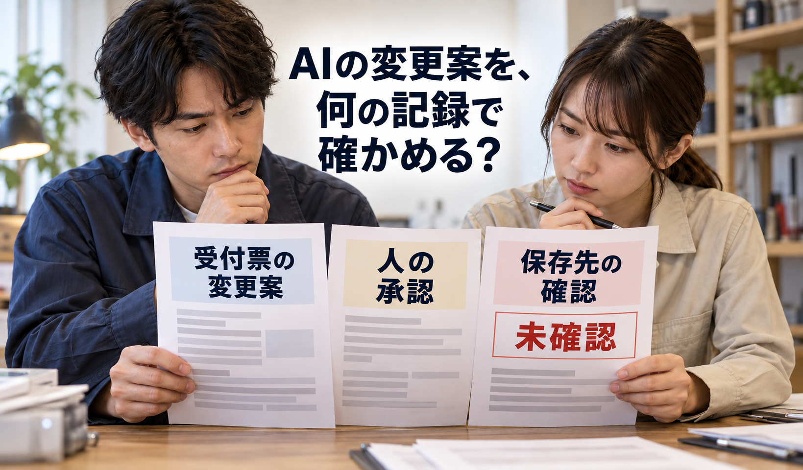 架空の受付票と担当部門の変更案を、人が承認欄や保存先の確認記録と照らし合わせる仕事場面。