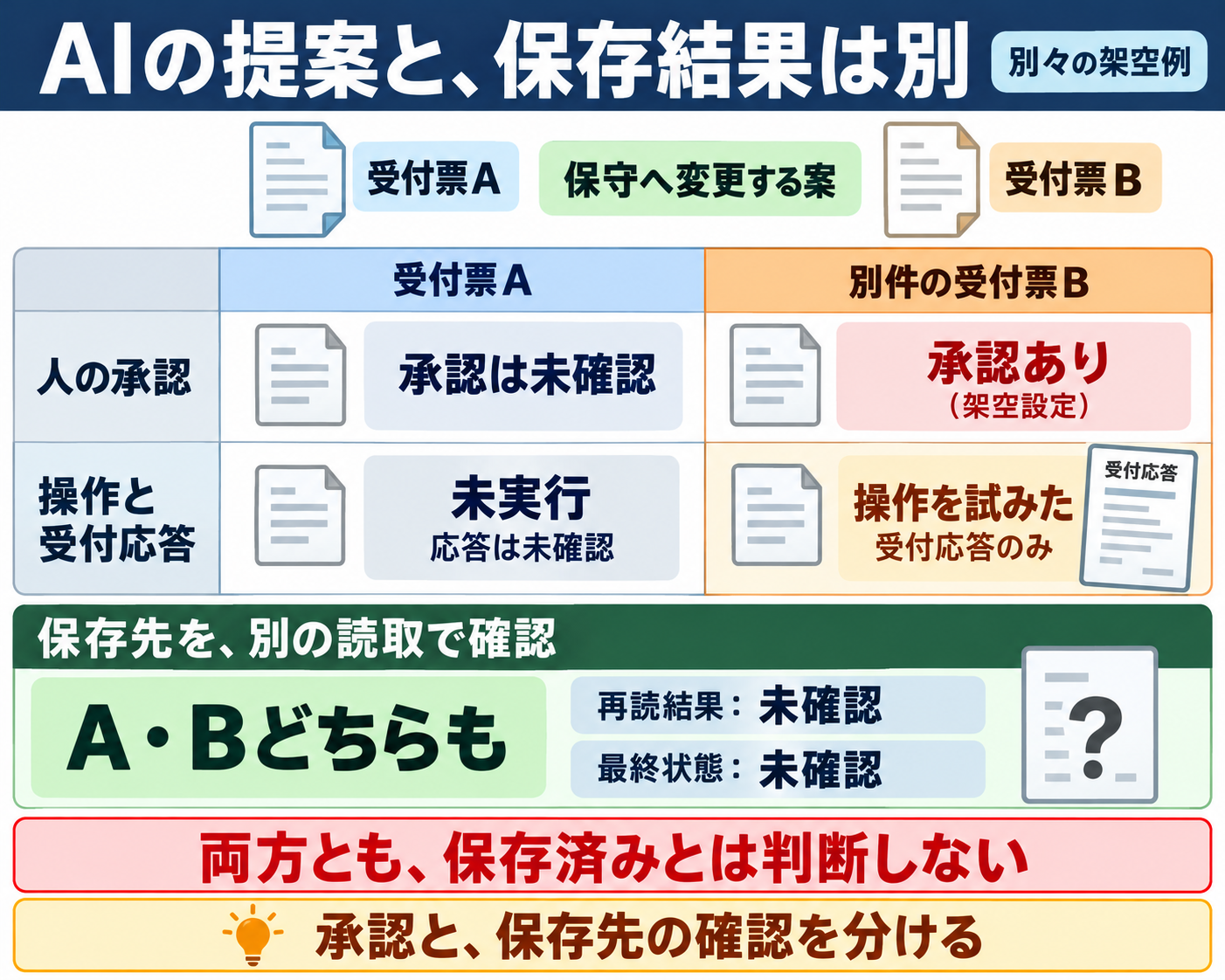 別々の受付票AとBについて、AIの提案、人の承認、操作の受付、保存先の再読を分け、未確認のまま完了にしない判断を比べる図。