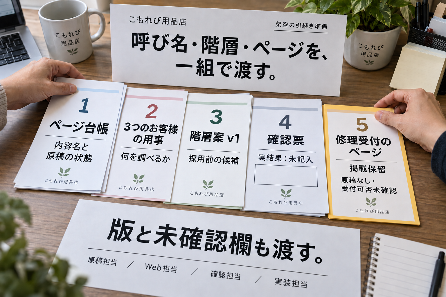 お客様の用事、ページ台帳、階層案、確認票と修理受付の掲載保留票を渡す作業資料