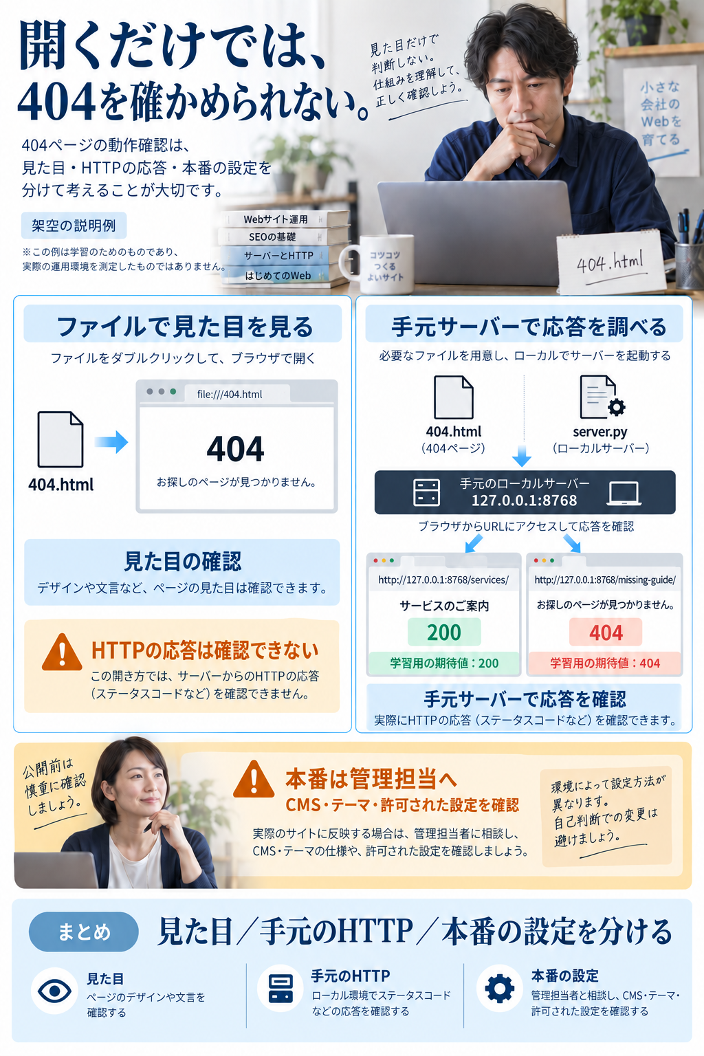 404.htmlの見た目だけを見る方法と、404.html・server.pyの2ファイルを使い手元サーバーでHTTP応答を調べる方法を並べ、本番の設定は管理担当へ分ける架空の図。