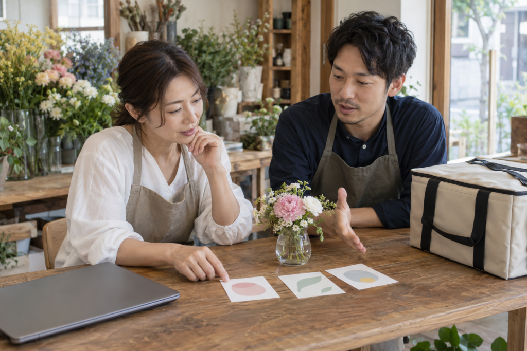 架空の花店で、小さな花瓶と配送用の箱を前に新しいサービスを相談する成人スタッフ