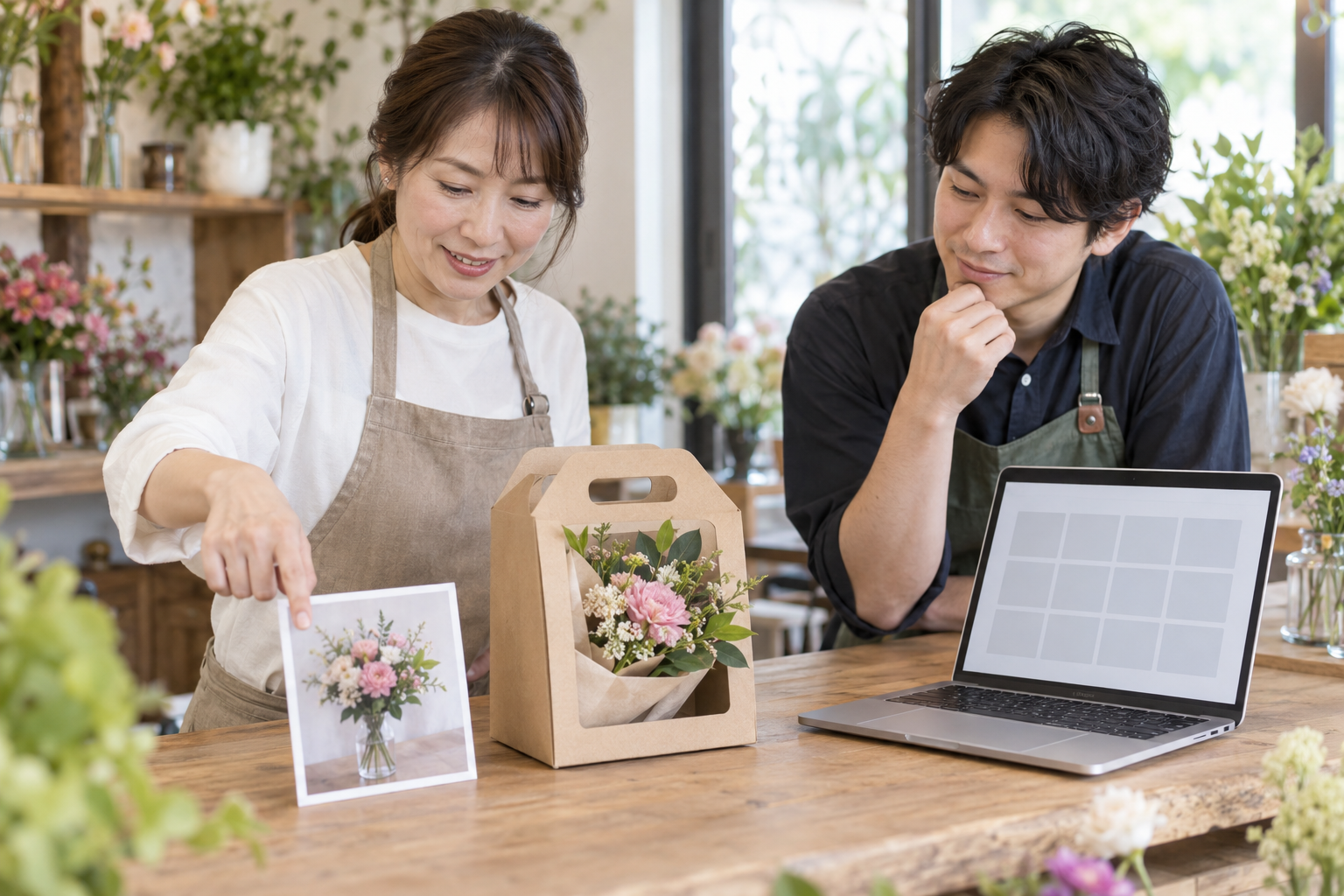 花の案内、配送箱、閉じていないパソコンを比較し、案内を先に指す架空の花店スタッフ