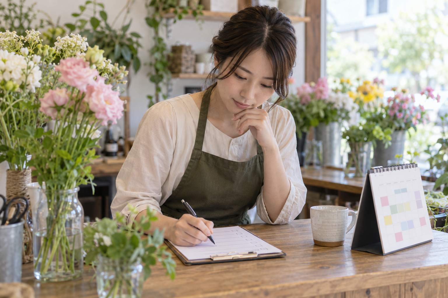 架空の花店の店主が試行前にチェック項目を手元の紙へ書き込む
