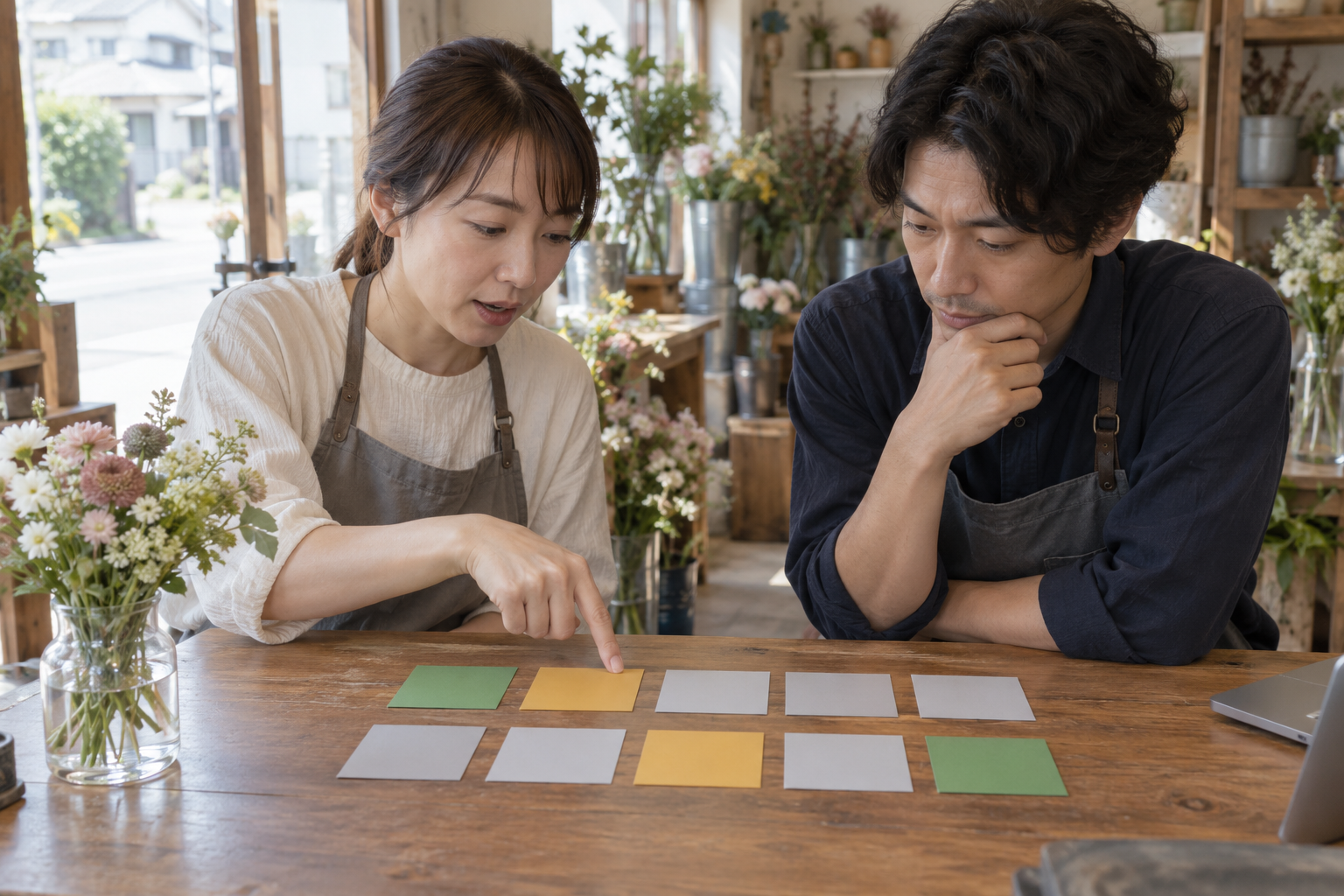 架空の花店スタッフが、緑2枚・黄2枚・灰色6枚の計10枚のカードを分類して振り返る