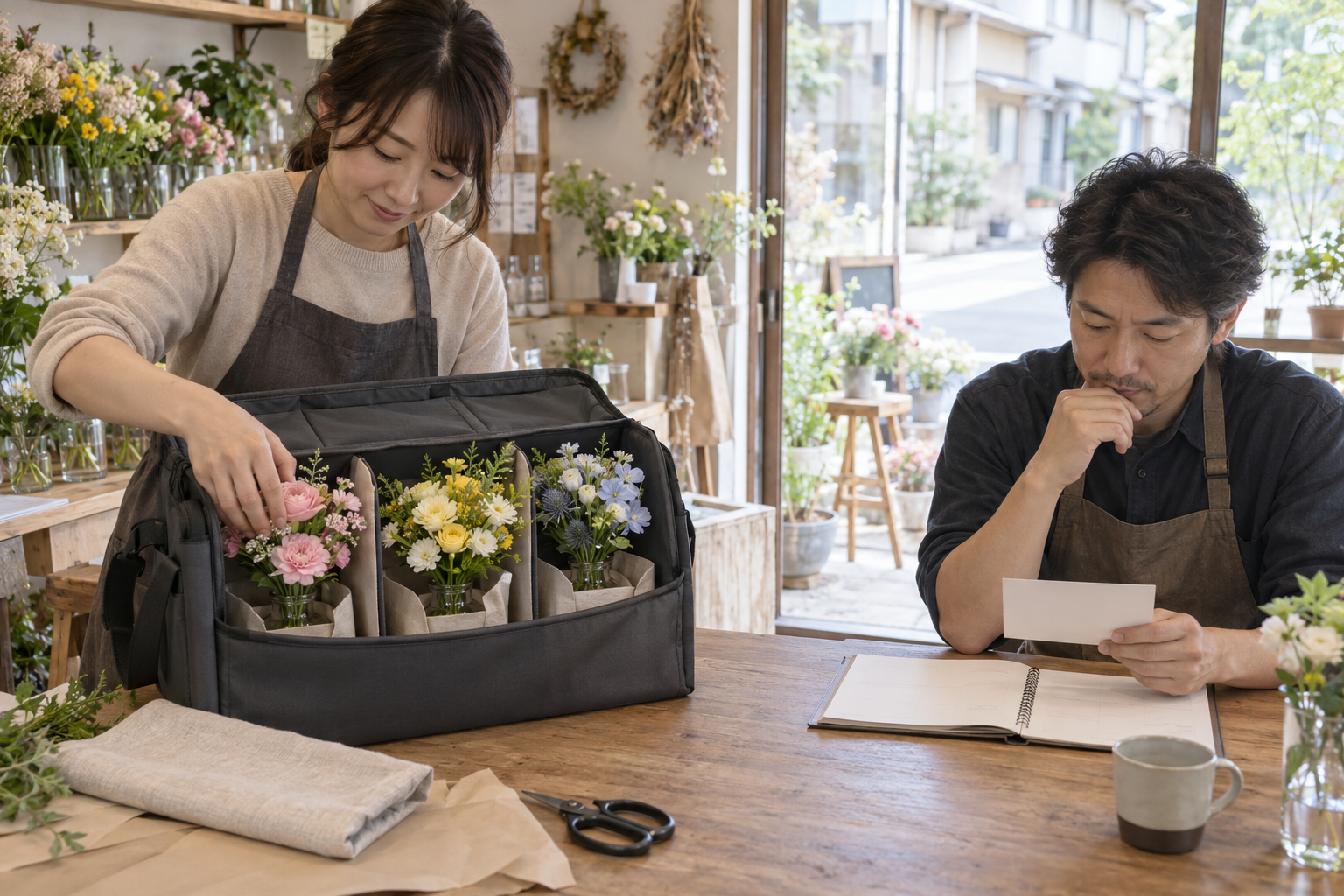 架空の花店で、小さな花瓶3つを配送箱の区画へ入れ、梱包と作業の流れを確認する成人スタッフ