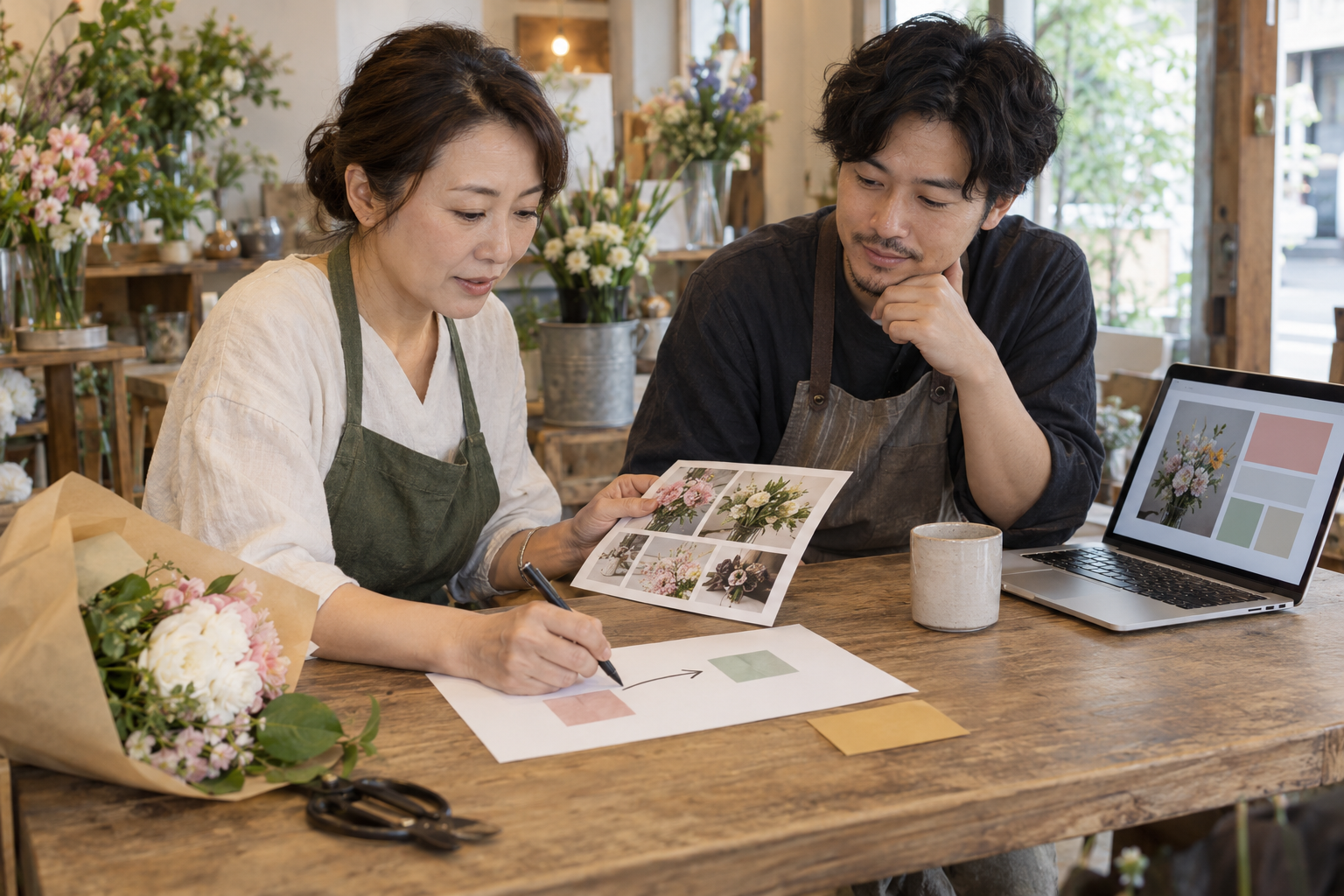 架空の花店のスタッフが案内写真と矢印で描いた候補を見比べ、次の小さな修正を相談する