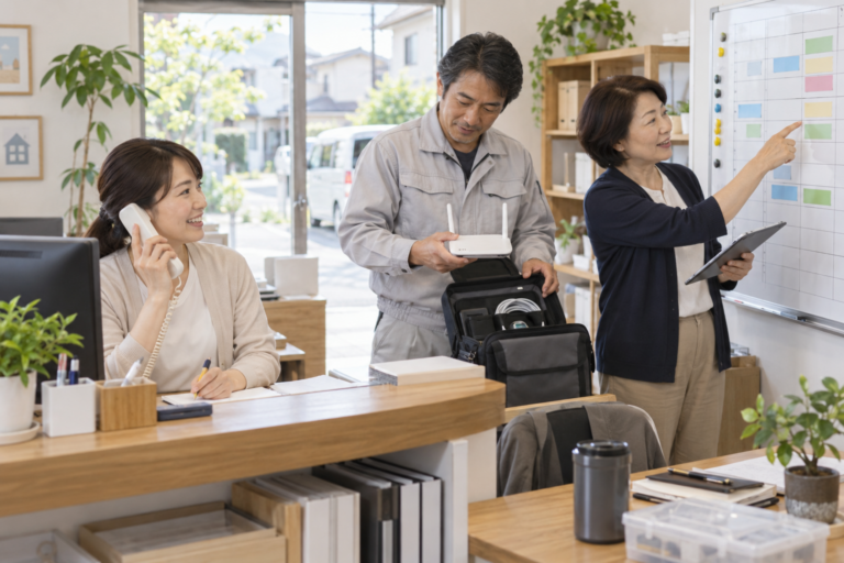 架空の訪問設定サービスの受付担当・訪問担当・責任者が、予約と道具を確認する
