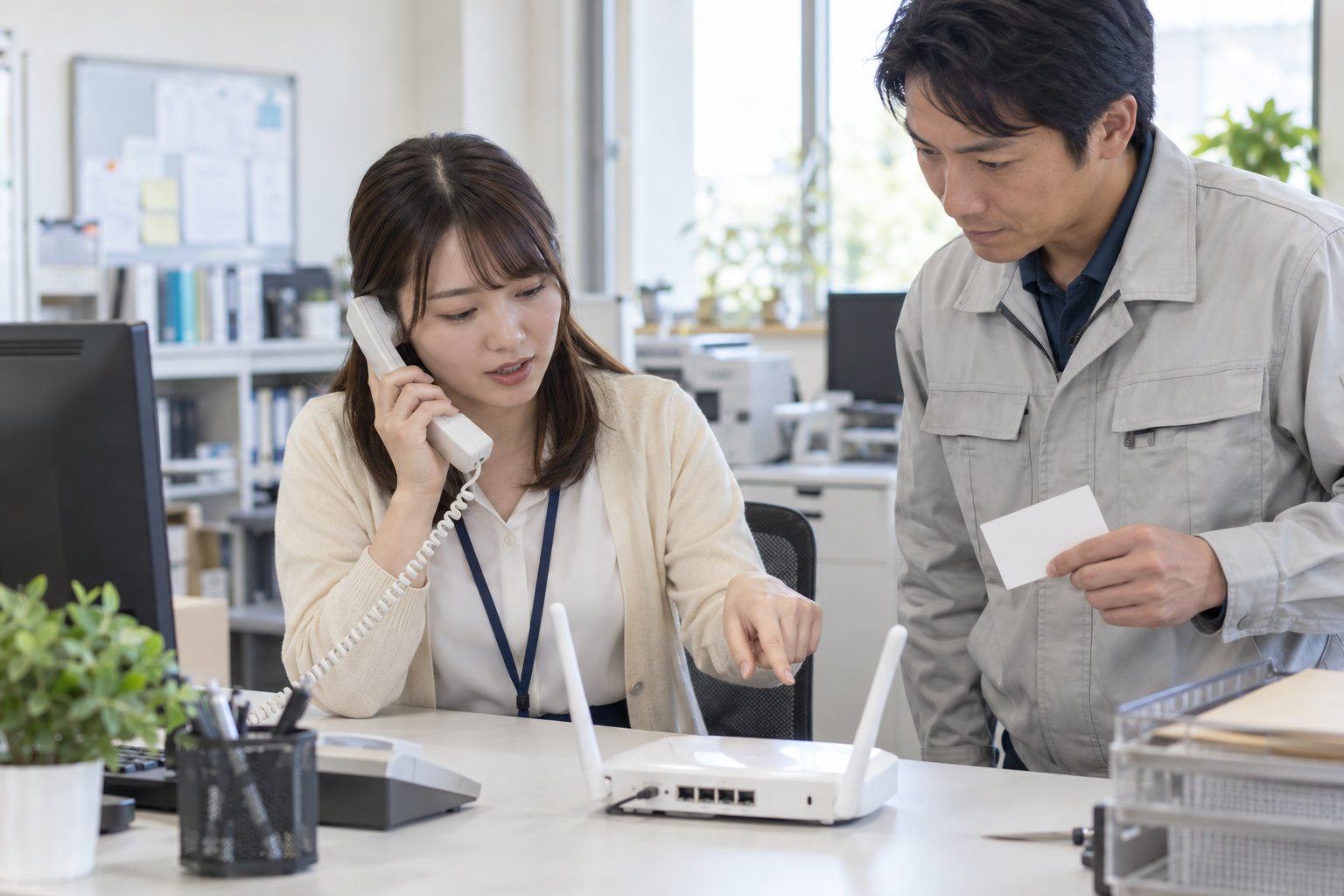 架空の受付担当が電話を受け、訪問担当とルーターの対応範囲を確かめる