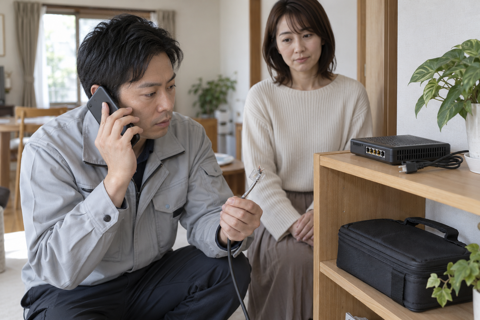 架空の訪問担当が破損した接続部材を前に作業を止め、責任者へ電話で相談する