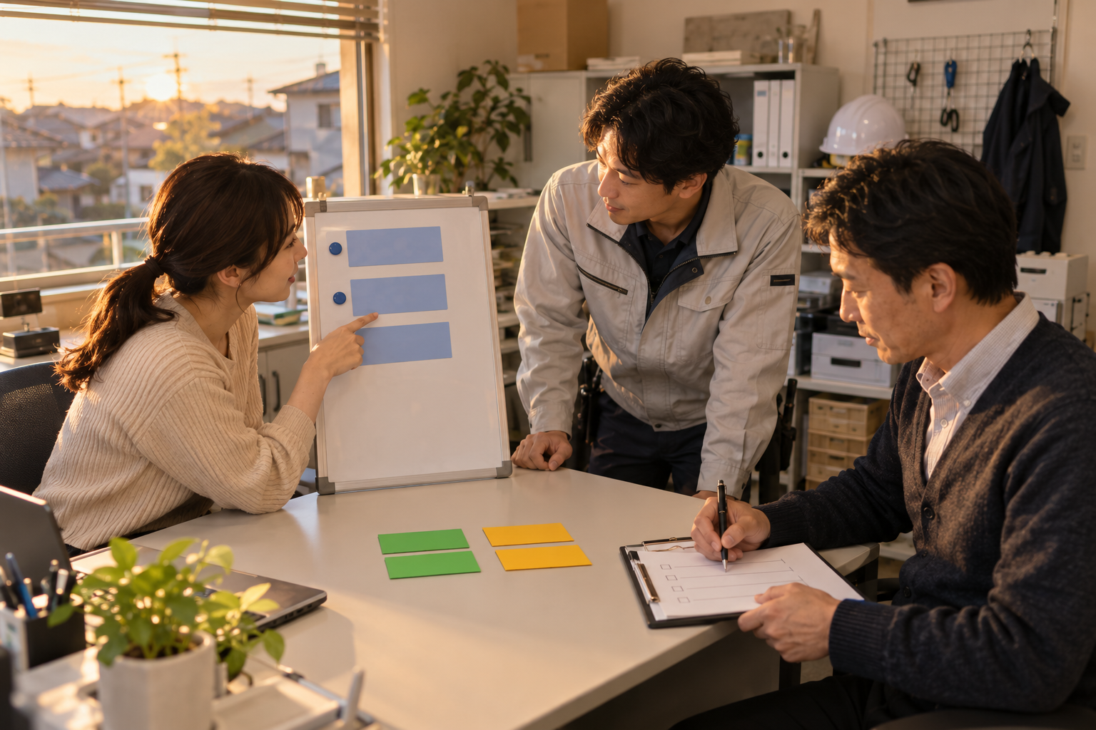 架空の受付・訪問・責任者が、予約の記録と完了・保留のカードを一日の終わりに照合する