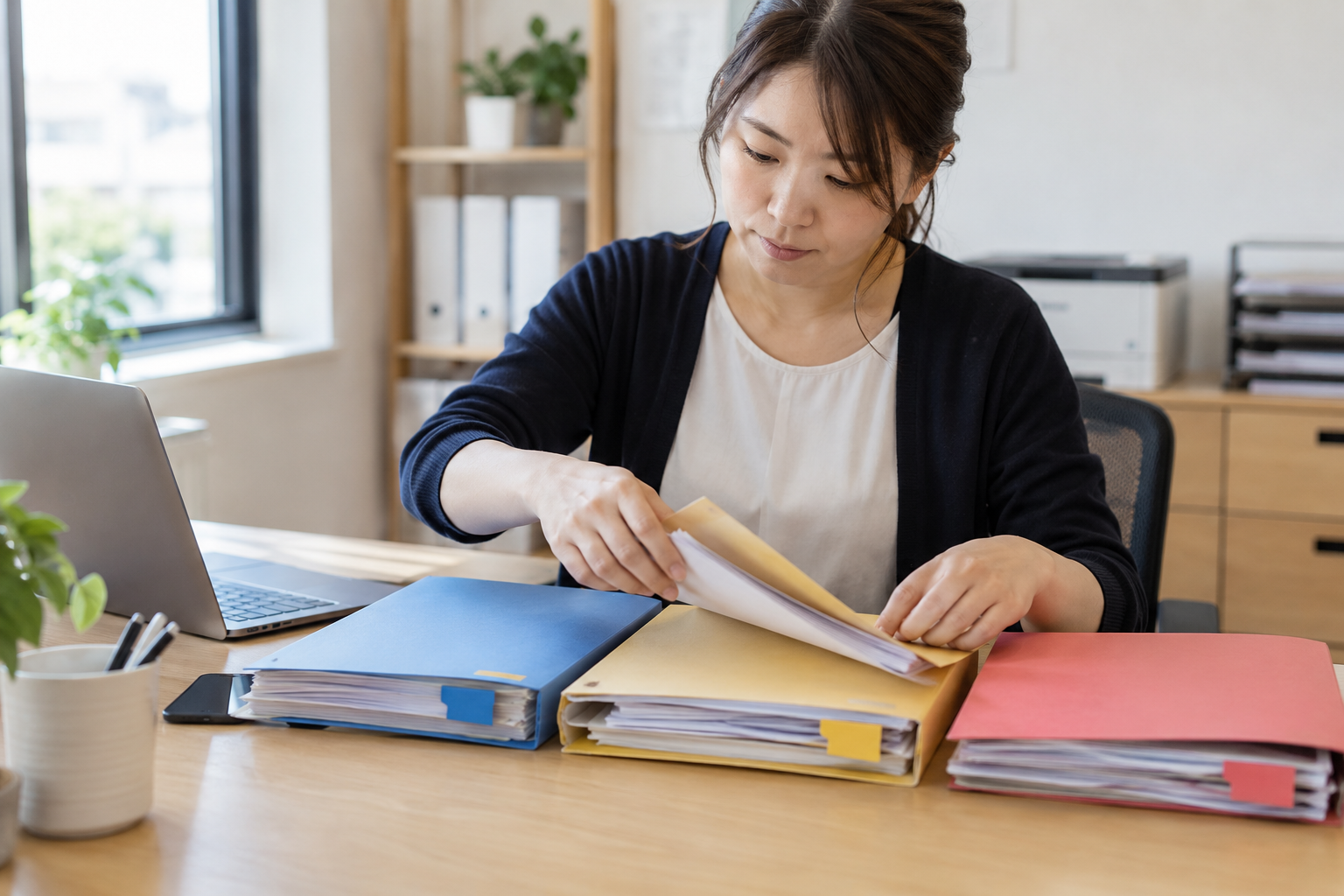 相談受付の担当者が、電話とパソコンのそばで色の違う三つの書類を仕分ける架空場面