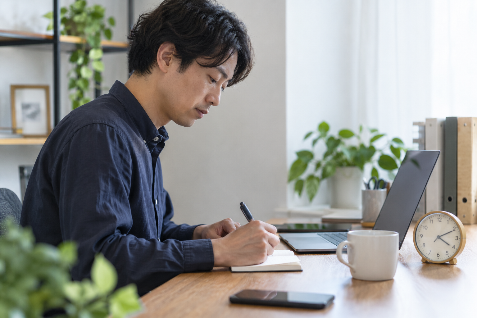 PC設定担当者が相談を終え、机の時計とパソコンのそばで対応時間をノートへ記録する架空場面