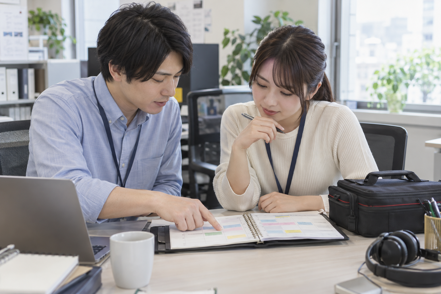 二人の担当者が訪問用の道具袋とヘッドセットのそばで週間予定表の対応枠を確認する架空場面