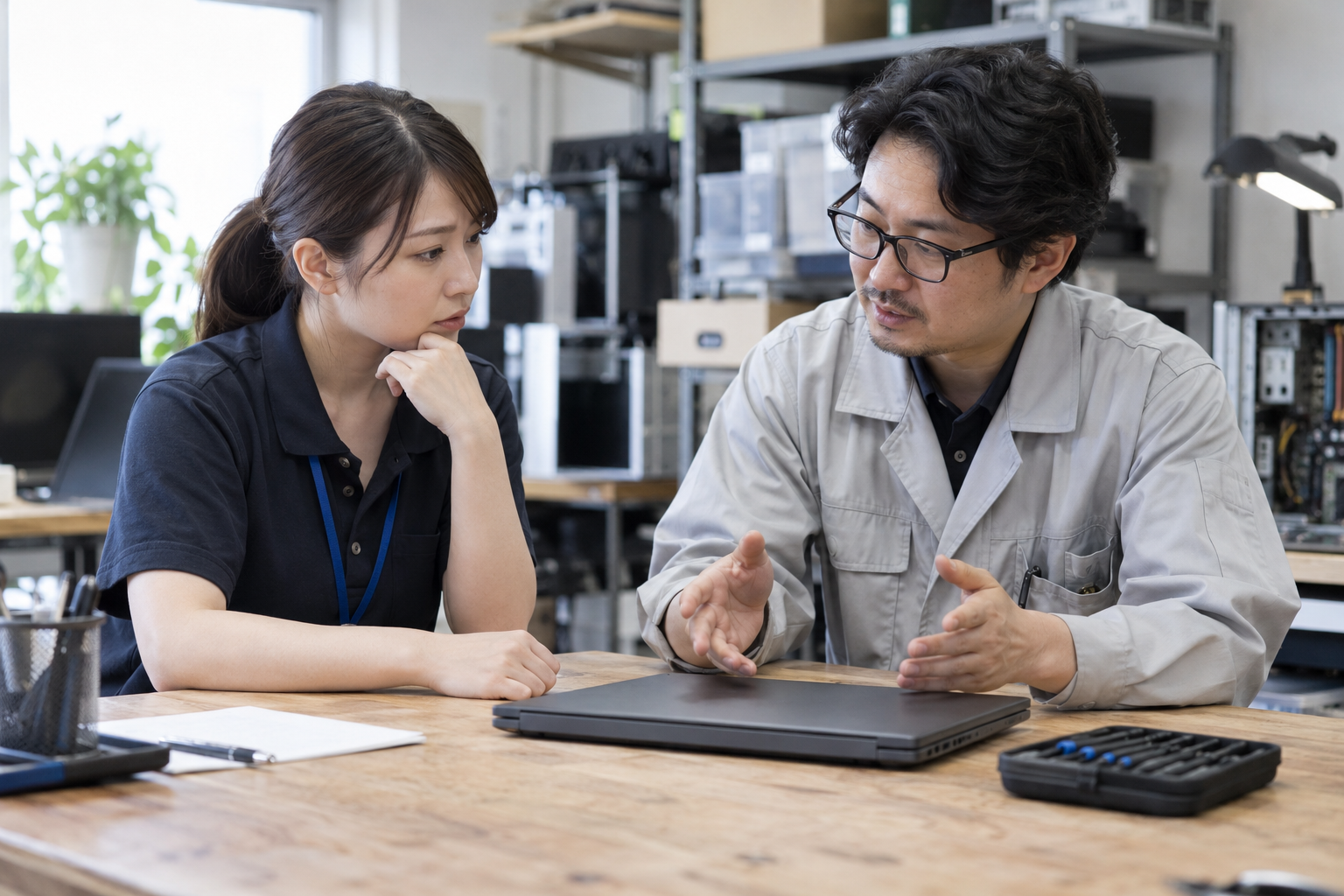 PCサービスの一般受付担当と専門担当が、電源を切ったパソコンを間に置いて故障相談の扱いを確認する架空場面